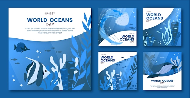 Wereld oceanen dag handgetekende platte ig post collectie