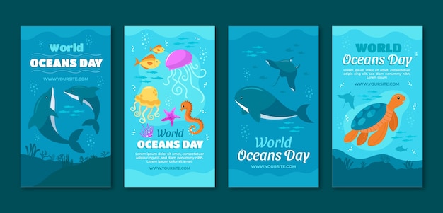 Wereld oceanen dag handgetekende platte ig verhalen collectie