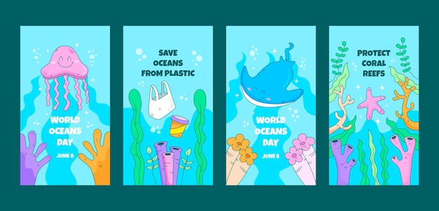 Gratis vector wereld oceanen dag handgetekende platte ig verhalen collectie