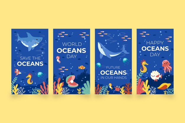 Wereld oceanen dag handgetekende platte ig verhalen collectie