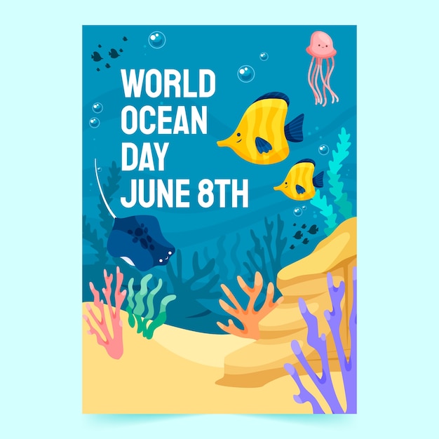 Gratis vector wereld oceanen dag handgetekende platte poster of flyer