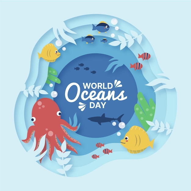 Wereld oceanen dag illustratie in papieren stijl