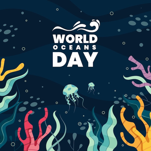 Wereld oceanen dag met vegetatie en kwallen