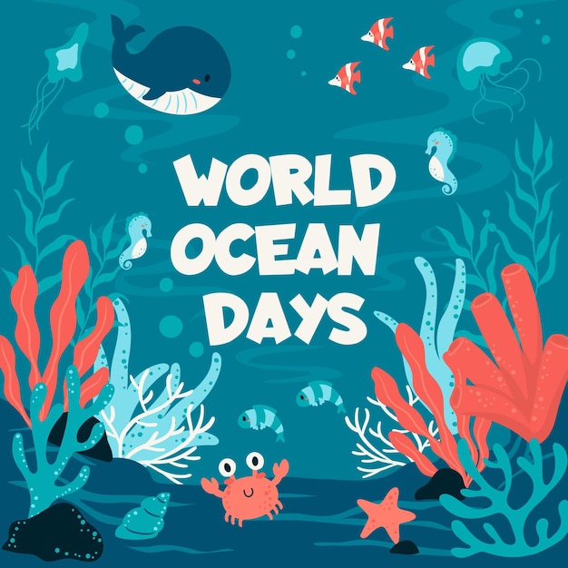 Gratis vector wereld oceanen dag met walvis en krab