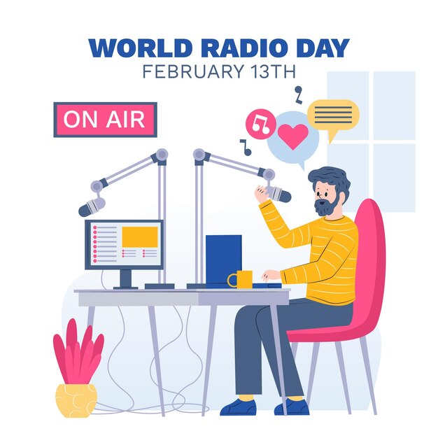 Wereld radio dag platte ontwerp achtergrond met man