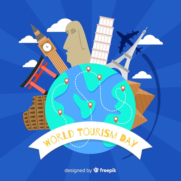 Gratis vector wereld toerisme dag achtergrond met wereld en monumenten