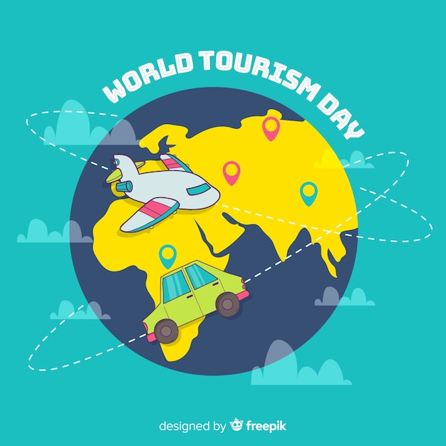 Gratis vector wereld toerisme dag achtergrond met wereld en monumenten