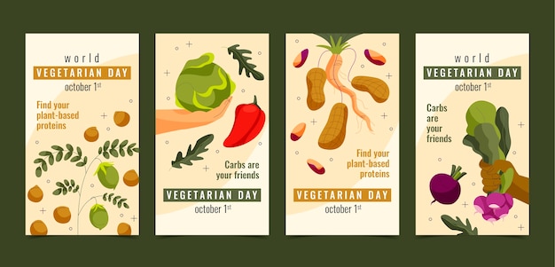 Gratis vector wereld vegetarische dag handgetekende platte ig verhalen set