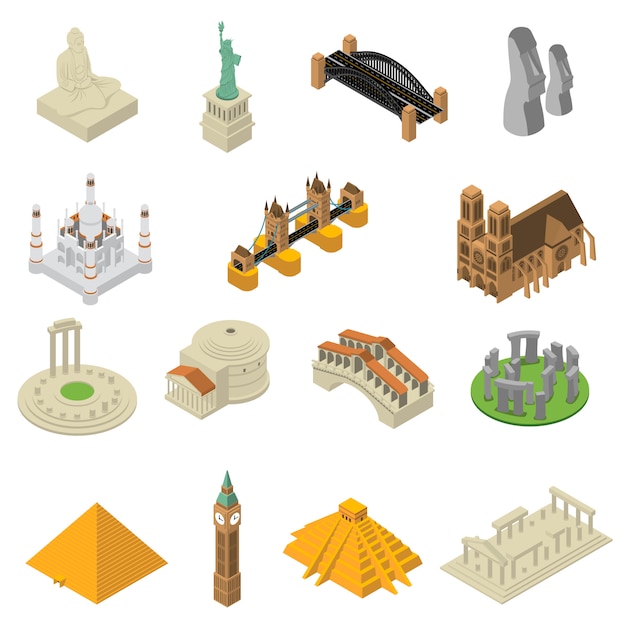 Wereldberoemde monumenten Isometrische Icons Set