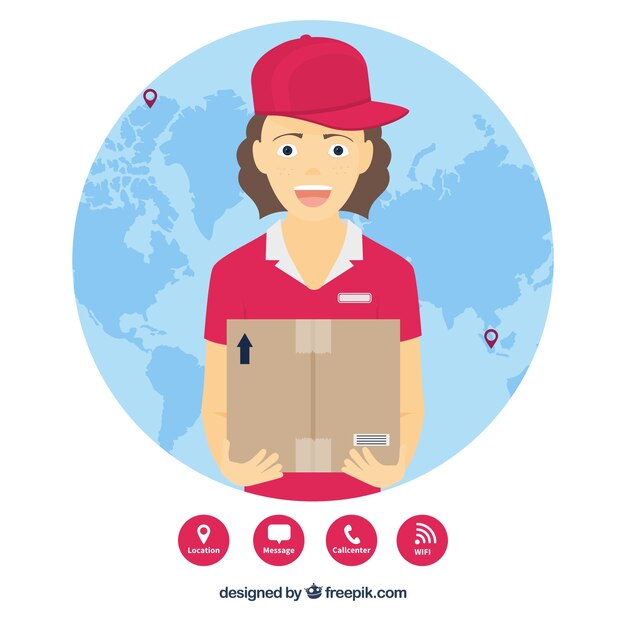 Wereldbol en smiley deliverywoman