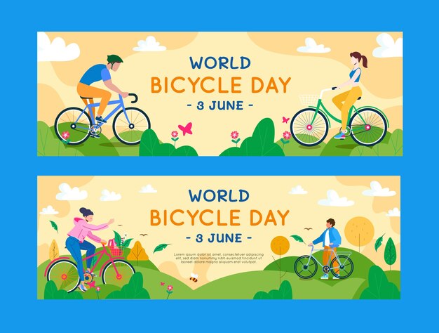 Gratis vector wereldfietsdag handgetekende platte bannerset