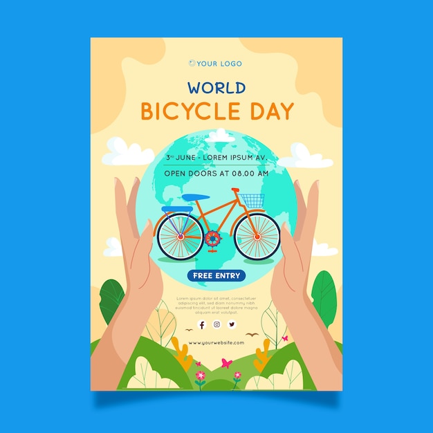 Gratis vector wereldfietsdag handgetekende platte poster of flyer