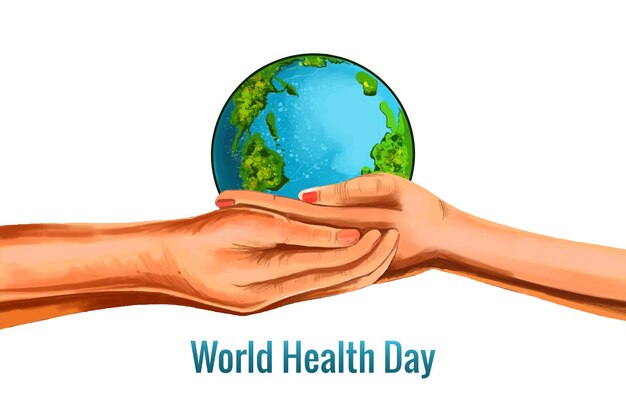Gratis vector wereldgezondheidsdag handen die een aardbol vasthouden achtergrond