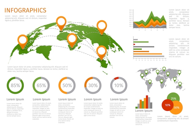 Gratis vector wereldkaart 3d met set infographicselementen. ontwerpinformatie, zakelijke grafiek en grafiek.