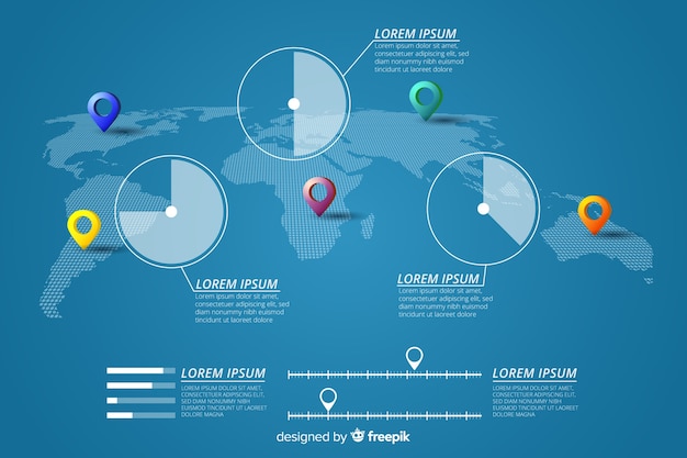 Gratis vector wereldkaart infographic met pinpoints en statistieken