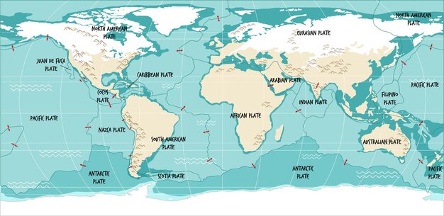 Wereldkaart met grenzen van tektonische platen