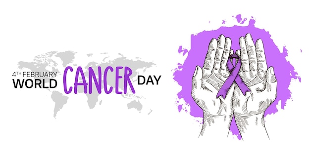 Wereldkankerdag vectorontwerp met handholding en lintillustratie voor campagne en poster