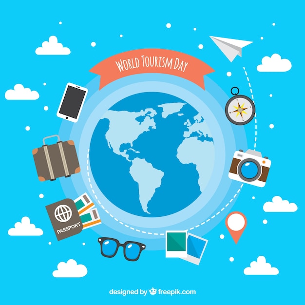 Gratis vector wereldtoerismedag, reiselementen over de hele wereld