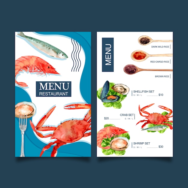 Wereldvoedsel dag menu met krab, vis, garnalen, schelpdieren aquarel illustraties.