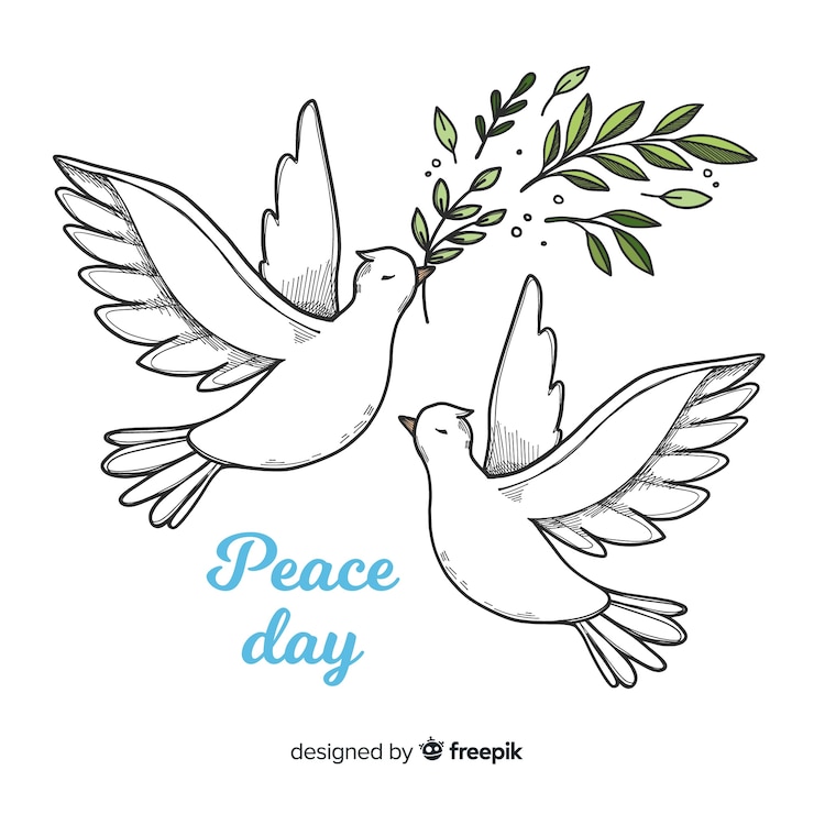 Gratis Vector wereldvrede dag achtergrond met duiven in de hand getrokken stijl