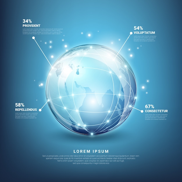Wereldwijde netwerken infographics. web aarde-technologie, planeetkaart bol
