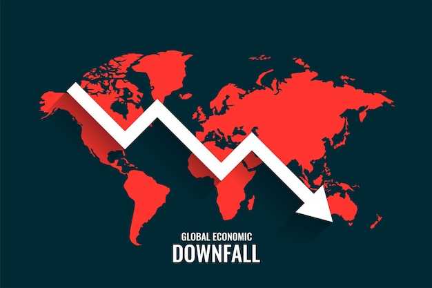 Wereldwijde ondergang van het bedrijf met dalende pijl en wereldkaart Gratis Vector