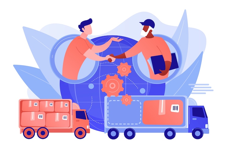 Gratis Vector wereldwijde verzendservice, internationale distributie. collaboratieve logistiek, supply chain-partners, vrachtkostenoptimalisatieconcept. roze koraal bluevector geïsoleerde illustratie