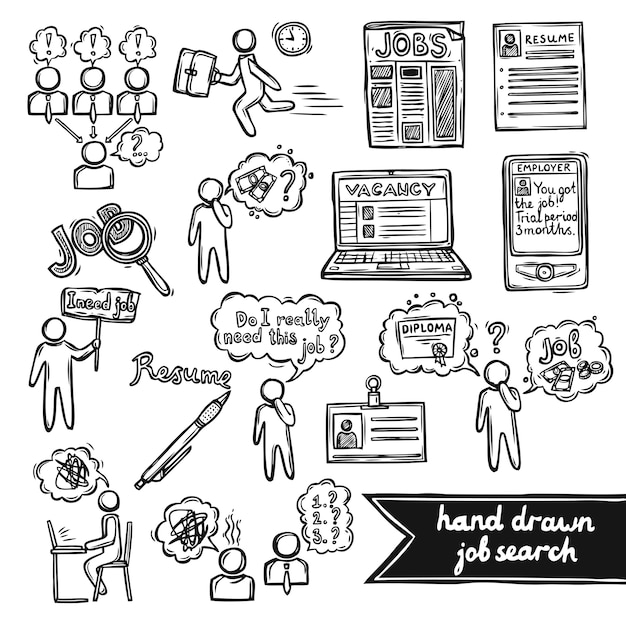 Werk interview schets decoratieve pictogrammen ingesteld met job search interview werving geïsoleerd vector illustratie