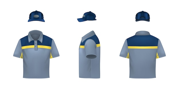 Gratis vector werkkleding uniforme realistische set met drie geïsoleerde weergaven van pet en t-shirt vanuit verschillende hoeken vectorillustratie