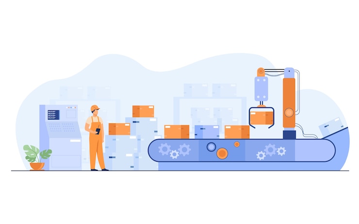 Gratis Vector werknemer kijken transportband met dozen geïsoleerd platte vectorillustratie. cartoon man die in magazijn met automatiseringsproces.