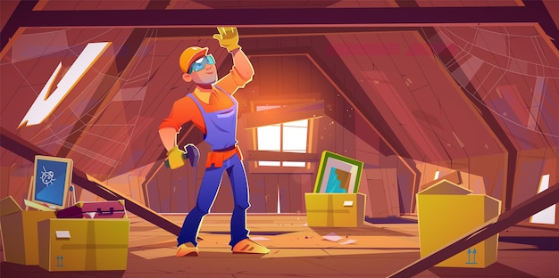 Gratis vector werknemer man reparatie verlaten huis zolder vector