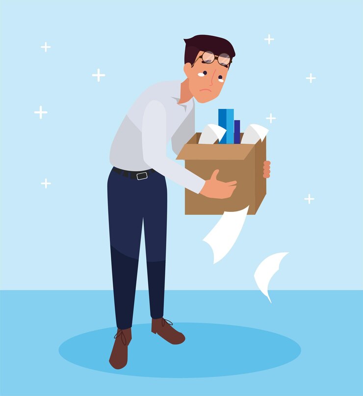 Gratis Vector werknemer verlaat de werkplek wegens werkloosheid of sluit het bedrijf.