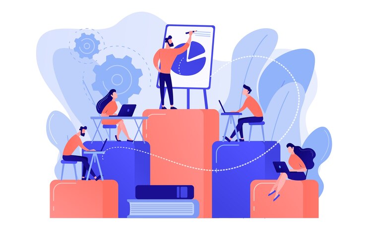 Gratis Vector werknemers met laptops leren op professionele training