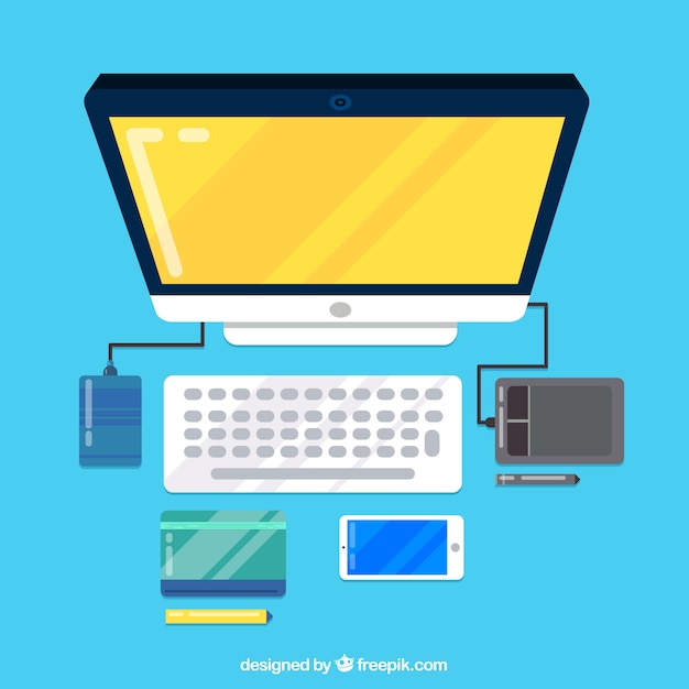 Gratis vector werkruimte met moderne computer