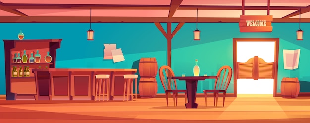 Gratis vector western saloon interieur, wilde westen taverne met bar