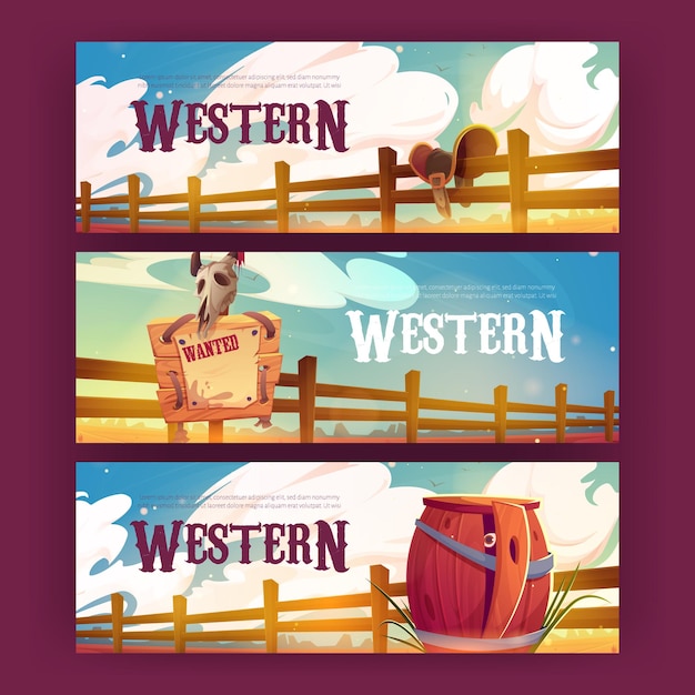 Westerse cartoon banners wilde westen achtergrond set