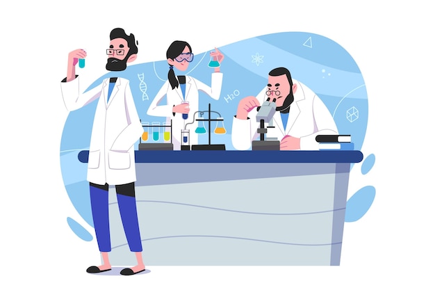 Gratis vector wetenschap concept wetenschapper in laboratorium experiment onderzoek biologie scheikunde natuurkunde kennis