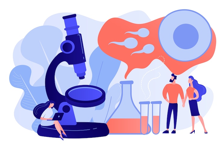 Gratis Vector wetenschapper op microscoop bezig met onvruchtbaarheidsbehandeling voor paar. onvruchtbaarheid, oorzaken van vrouwelijke onvruchtbaarheid, concept van onvruchtbaarheid medische behandeling. roze koraal bluevector vector geïsoleerde illustratie