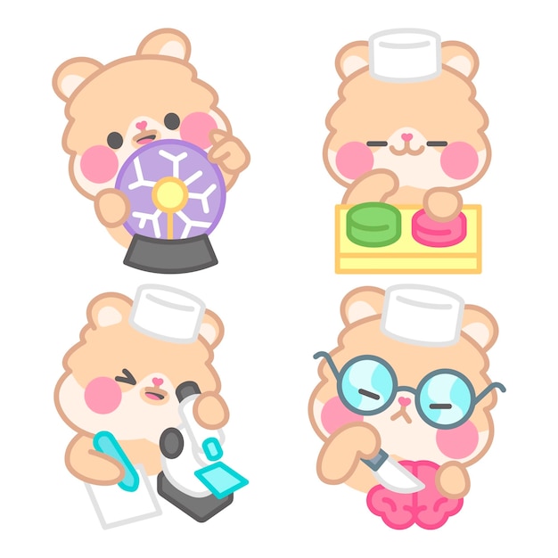 Gratis vector wetenschapper stickers collectie met kimchi de hamster