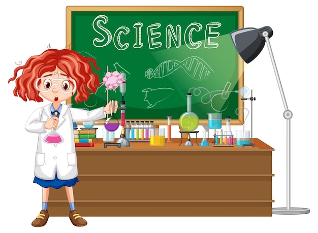 Gratis vector wetenschapper stripfiguur met science lab-objecten