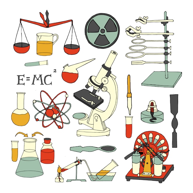 Wetenschapschemie en fysica wetenschappelijke decoratieve gekleurde schetspictogrammen geplaatst geïsoleerde vectorillustratie