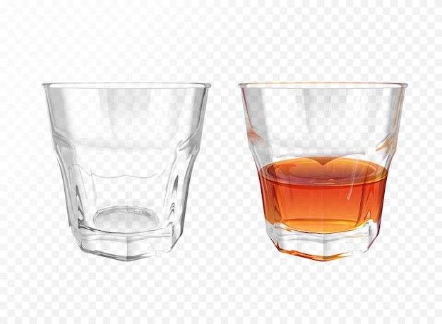 Whiskey-glas 3D illustratie van realistisch vaatwerk voor brandewijn of cognac en whisky