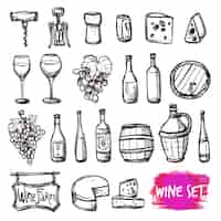 Gratis vector wijn zwarte doodle pictogrammen instellen