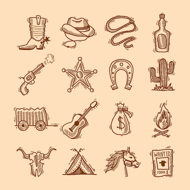 Wild west cowboy hand getekend set met zadel sheriff badge hoefijzer geïsoleerde vector illustratie