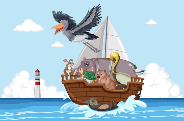 Gratis vector wilde dieren op een boot