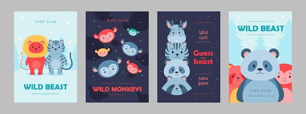 Wilde dieren posters instellen cartoon afbeelding. leuke beesten voor kinderclub, wilde quiz. leeuw, panda, aap, girafkarakters in vlak kleurrijk ontwerp. spel, dier, natuur, dierentuin, circusconcept