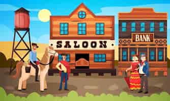 Gratis vector wilde westen cowboysamenstelling met vintage stadslandschap stadsstraat met salonbank en menselijke karakters