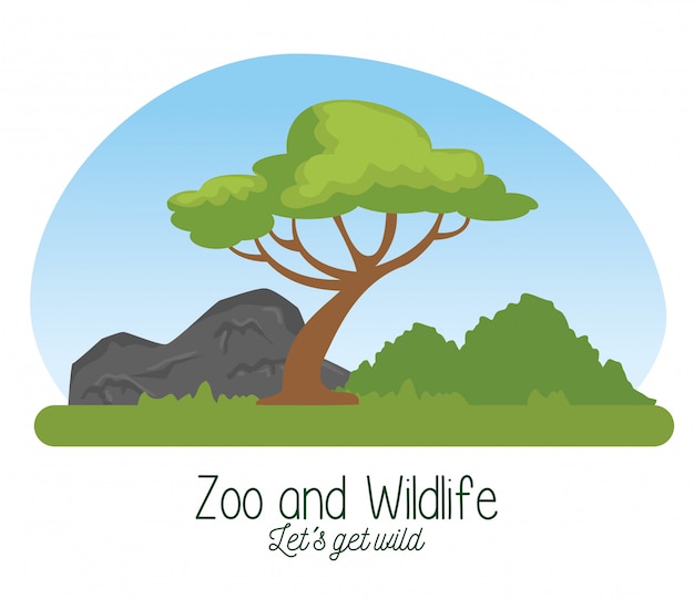 Gratis vector wildlife reserve met boom en natuur bergen