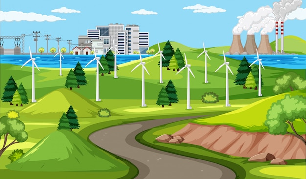 Gratis vector windturbine en lange wegscène