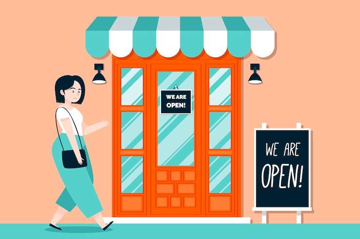 Gratis Vector winkel met het bord dat we open zijn